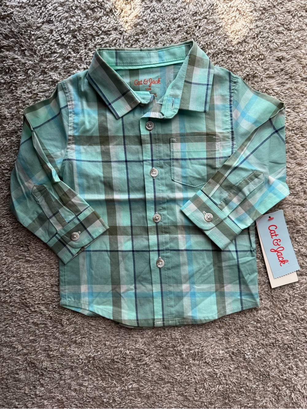 Cat & Jack Baby Boys Plaid Button Down Shirt 12M Green Blue NWT